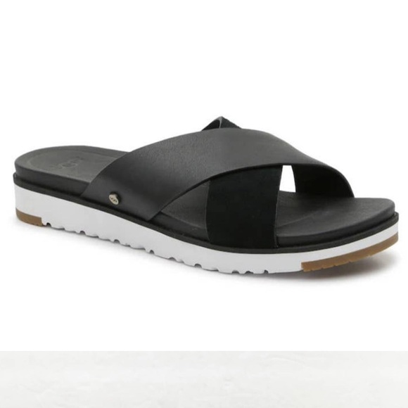 UGG Shoes - Ugg Kari Leather Slide Sandal Womens Black Slip On Open Toe Crisscross Strap 7